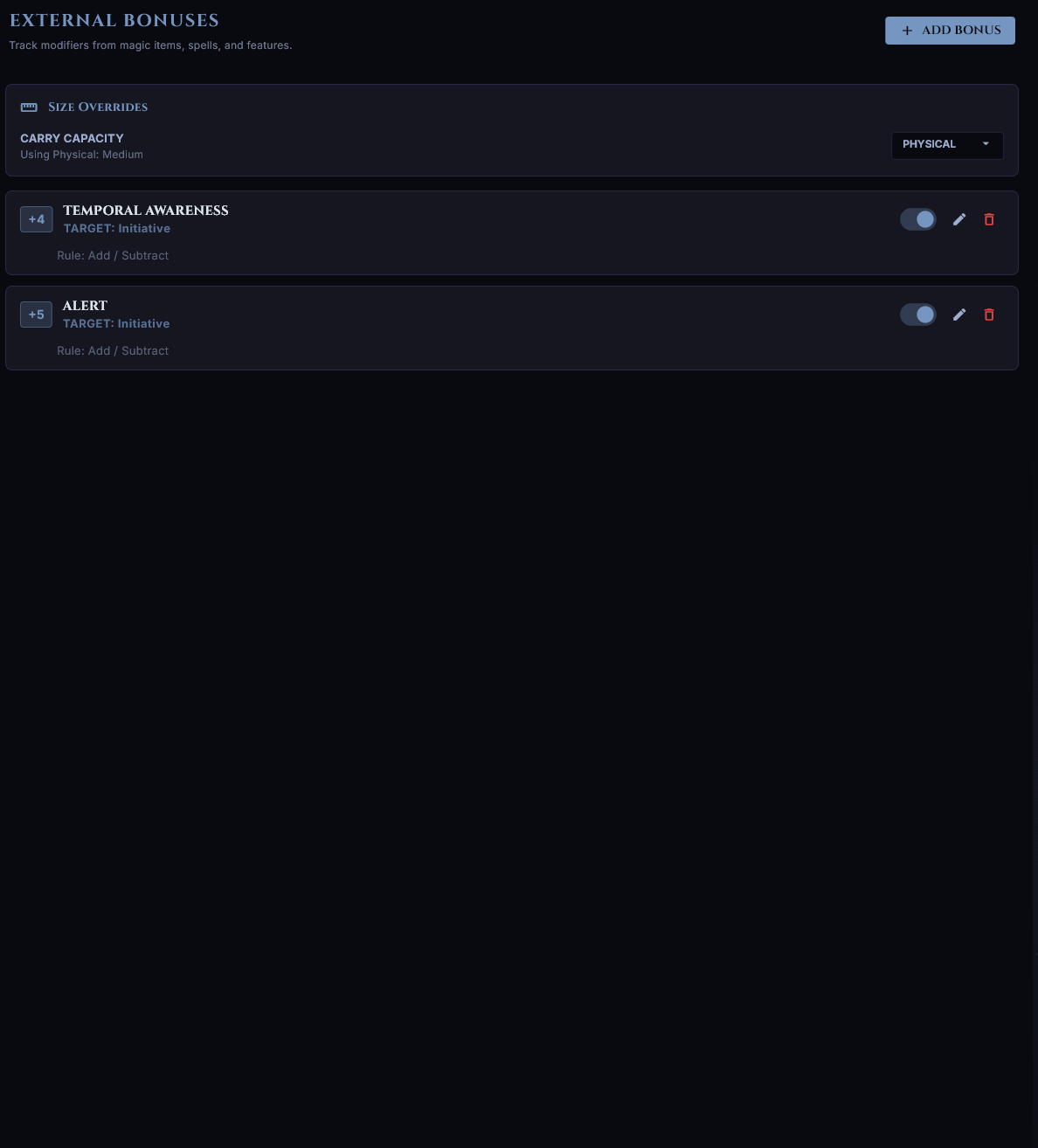 External bonuses screen showing typed bonus stacking with targets, rules, and toggle states