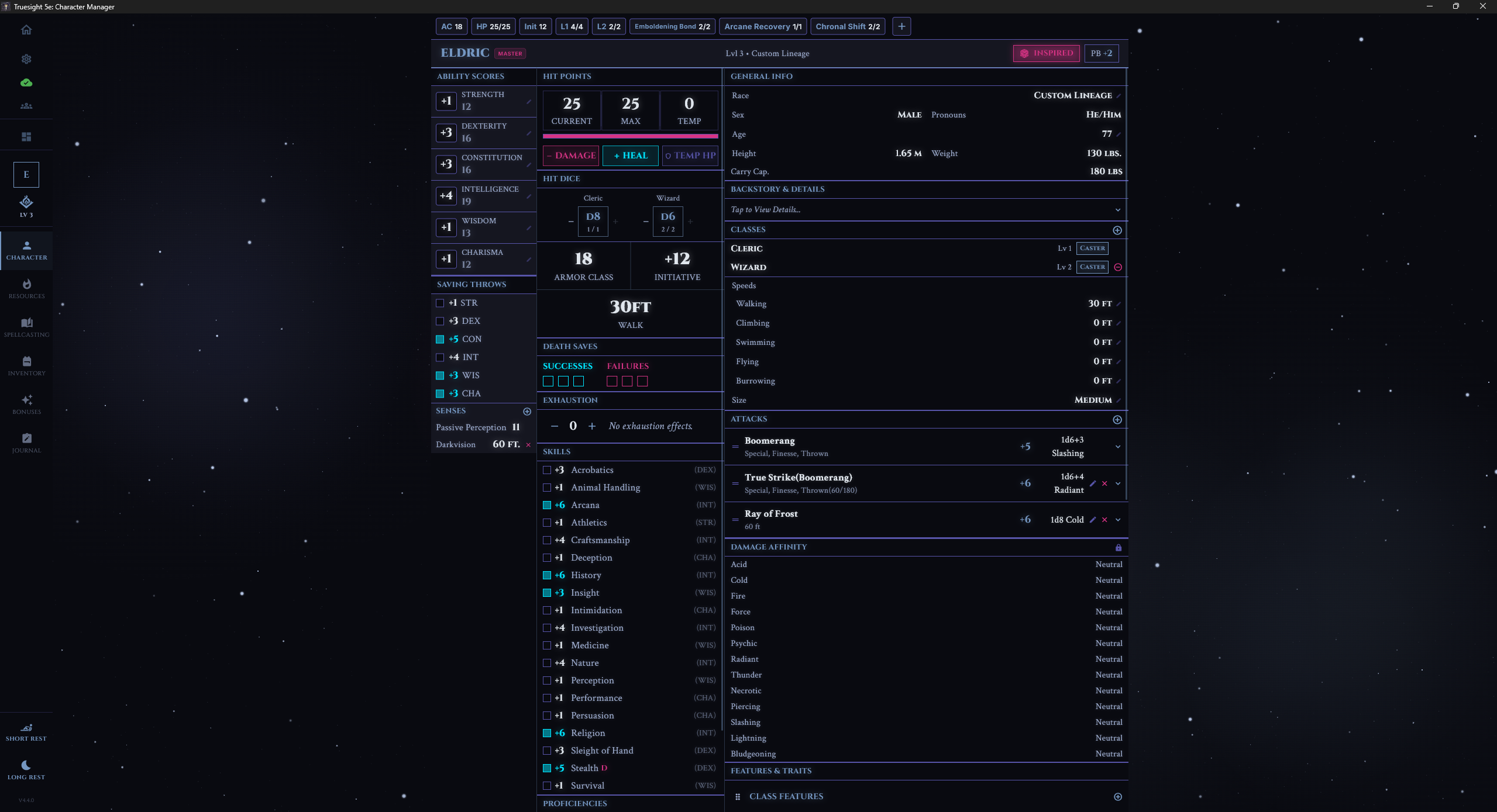 Desktop character sheet showing Eldric, a Cleric/Wizard multiclass with full ability scores, skills, and attacks