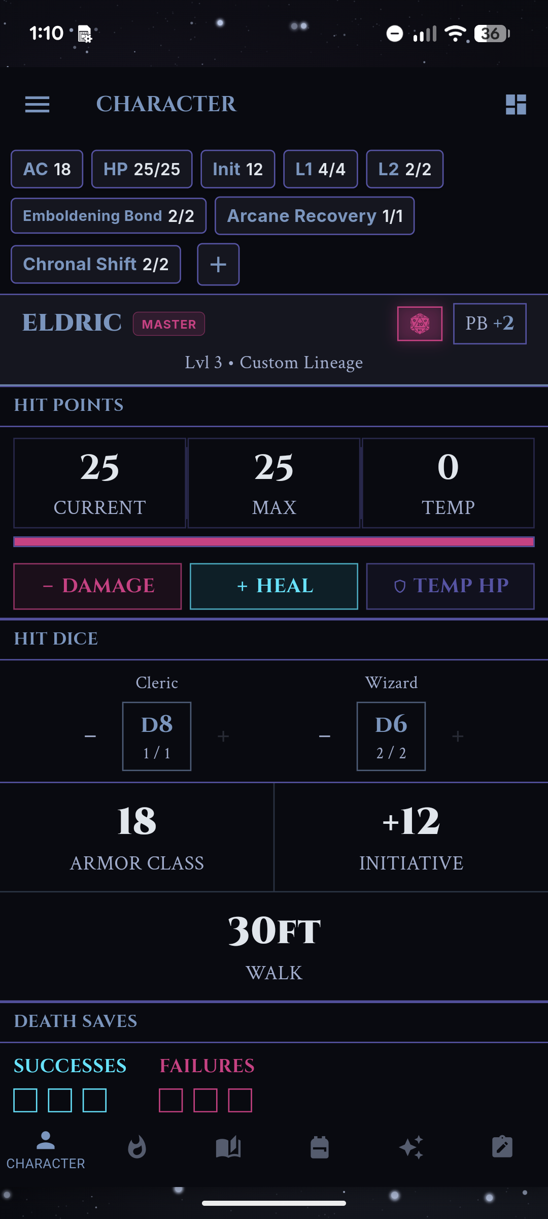 Mobile character sheet showing Eldric on Android with HP, initiative, spell slots, and hit dice