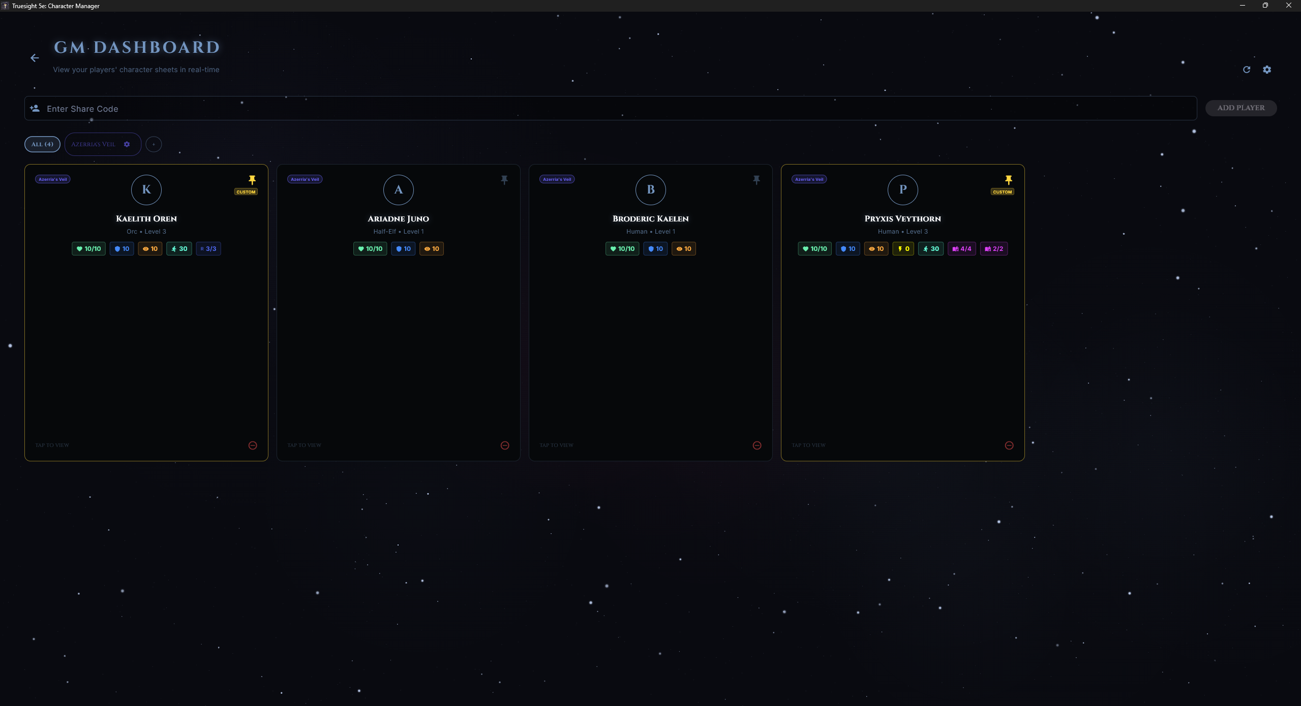 GM Dashboard showing four linked player character cards on a cosmic background