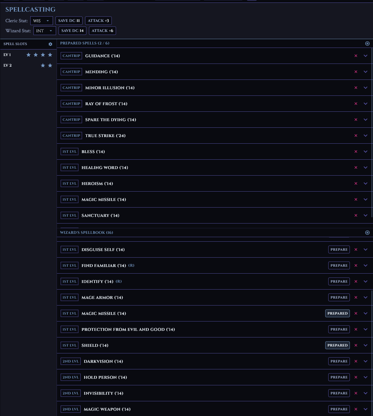 Spellcasting screen showing multiclass Cleric and Wizard spell slots, prepared spells, and Wizard's spellbook